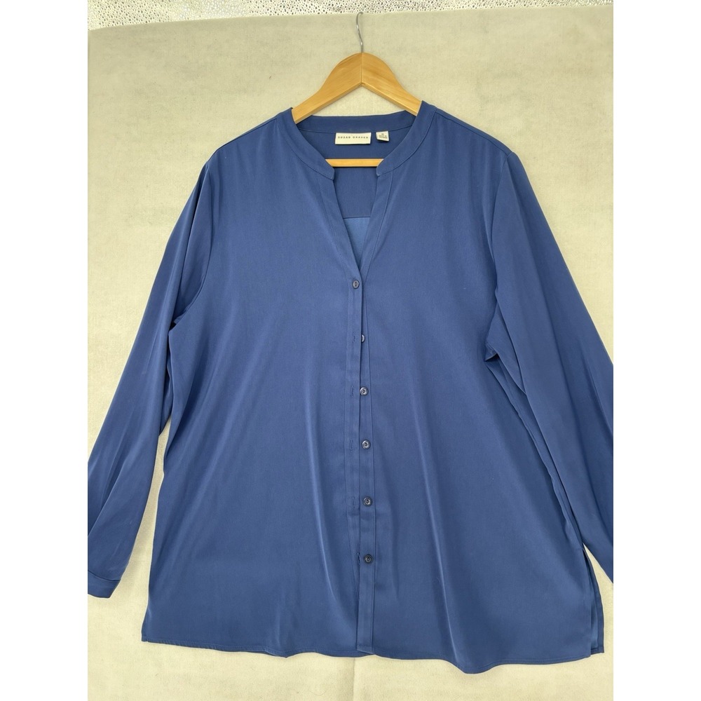 Susan Graver Navy Blue Button Front V Neck Tunic Long Sleeve Blouse Women's 16